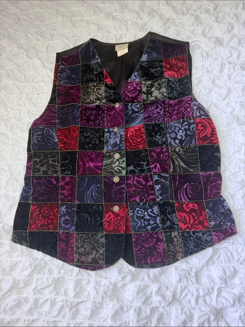 Patchwork Festival VTG 80s Jacklyn Smith Velvet Vest Black, Purple Red Size L